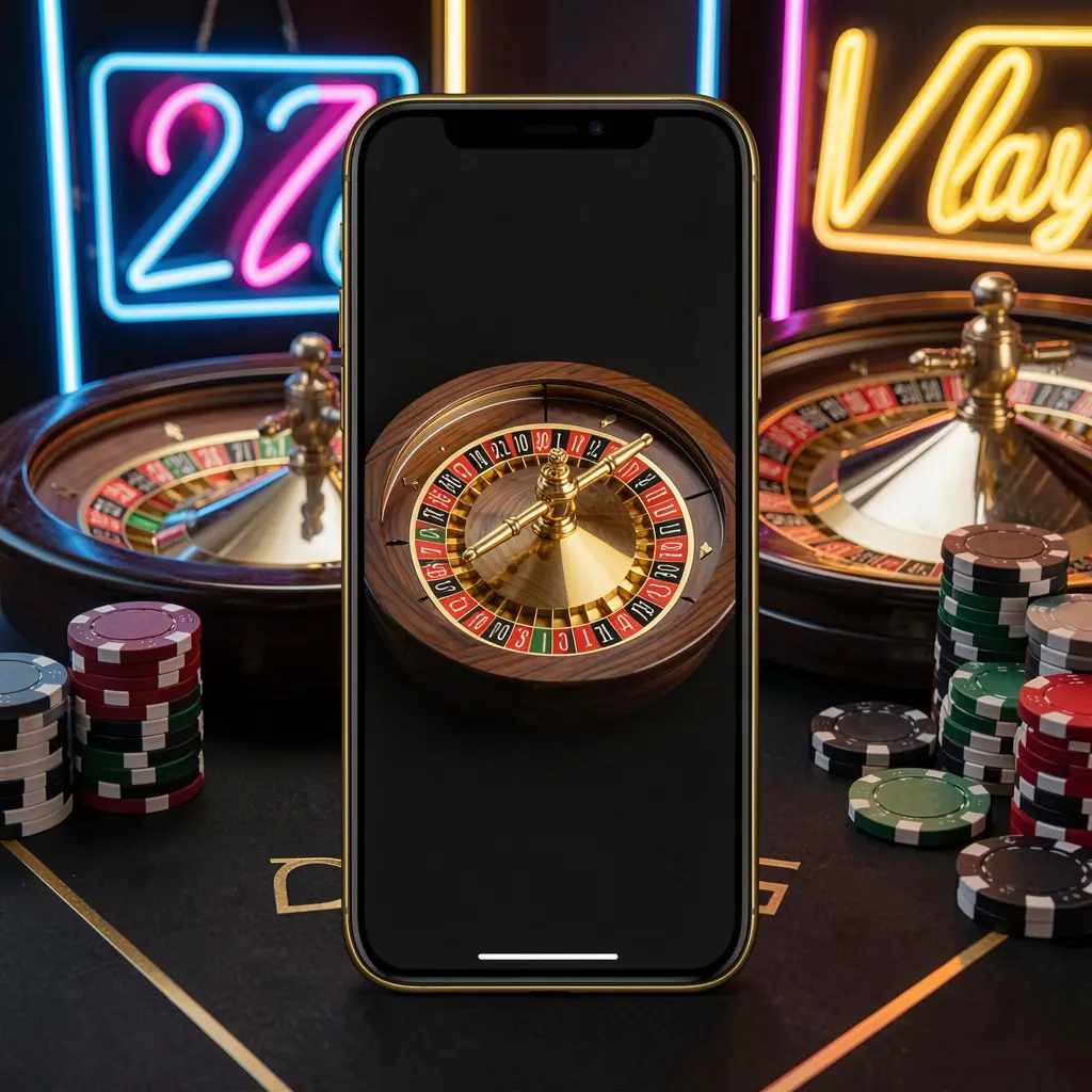 FX99 mobile casino application scene featuring a phone in the center with a roulette wheel and poker chips in the background, illuminated by glowing neon lights in a premium black and gold style FX99 mobile casino application scene featuring a phone in the center with a roulette wheel and poker chips in the background, illuminated by glowing neon lights in a premium black and gold style