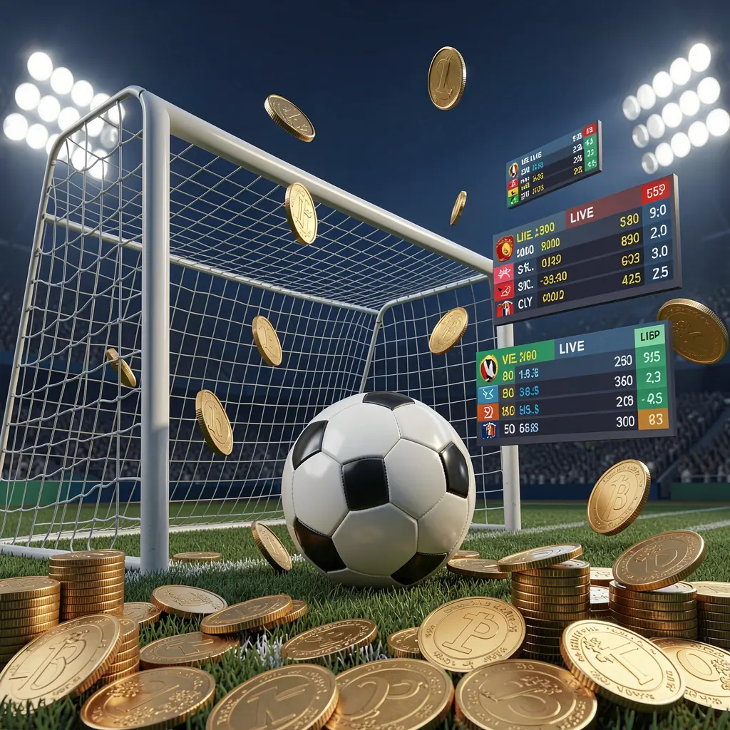 Realistic 3D render of a football goal net with a soccer ball, stadium lights, coins, and floating live score panels on a dark blue premium background, representing FX99 sports betting in Malaysia Realistic 3D render of a football goal net with a soccer ball, stadium lights, coins, and floating live score panels on a dark blue premium background, representing FX99 sports betting in Malaysia