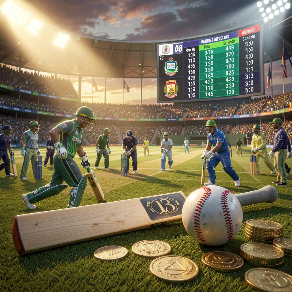 FX99 premium cricket betting scene featuring a cricket stadium with a lively crowd, bat and ball in the foreground, digital odds graphics, and coins under dramatic lighting in a high detail 3D render FX99 premium cricket betting scene featuring a cricket stadium with a lively crowd, bat and ball in the foreground, digital odds graphics, and coins under dramatic lighting in a high detail 3D render