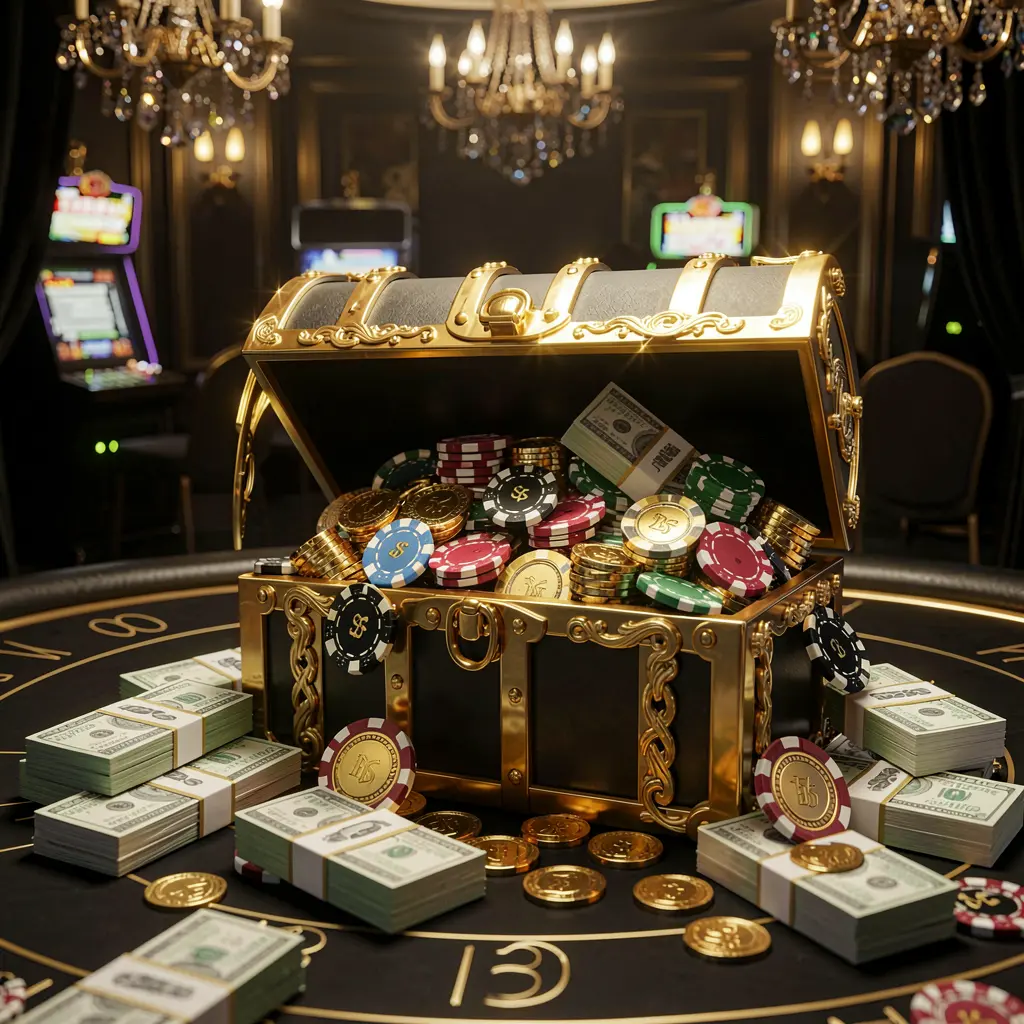 FX99 casino rewards scene featuring a golden treasure chest overflowing with chips, cash bundles, and sparkling coins in an elegant black and gold style with dramatic lighting