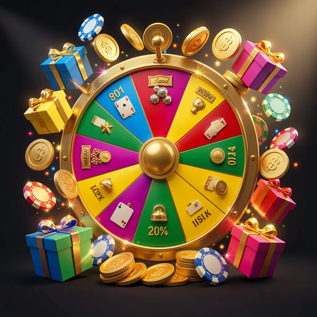 FX99 online casino bonus wheel with colorful prize wheel surrounded by golden coins, chips, and gift boxes, glowing casino lights creating an exciting jackpot atmosphere on a dark background