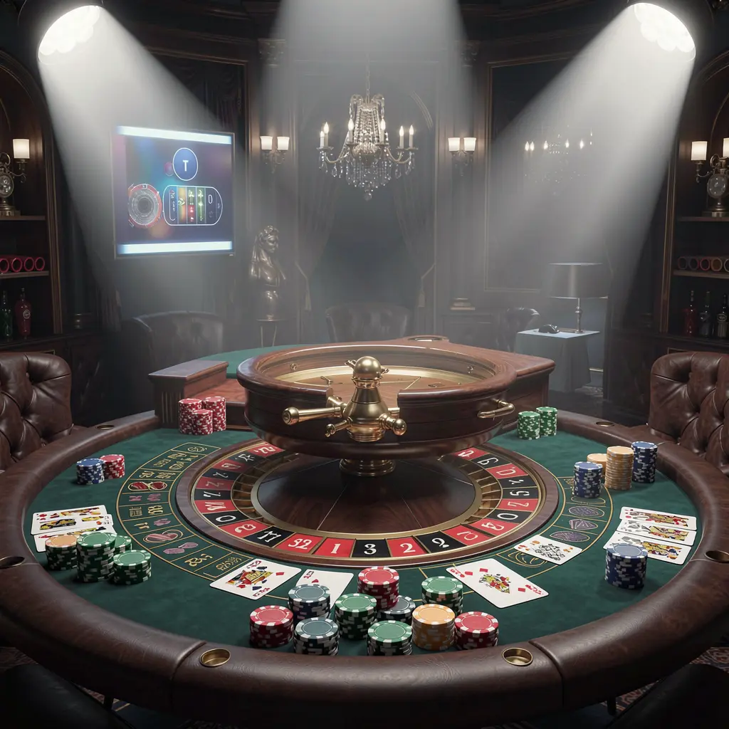 FX99 live casino scene featuring a roulette table, playing cards, and chips under glowing spotlights with a dark elegant background in a cinematic 3D style