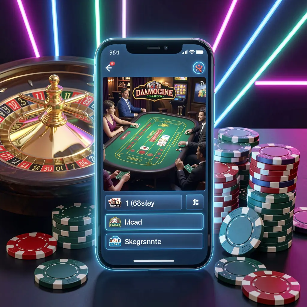 FX99 online casino platform concept displayed on a smartphone with a glowing casino interface, featuring a roulette wheel and poker chips against a premium neon background in a 3D realistic render