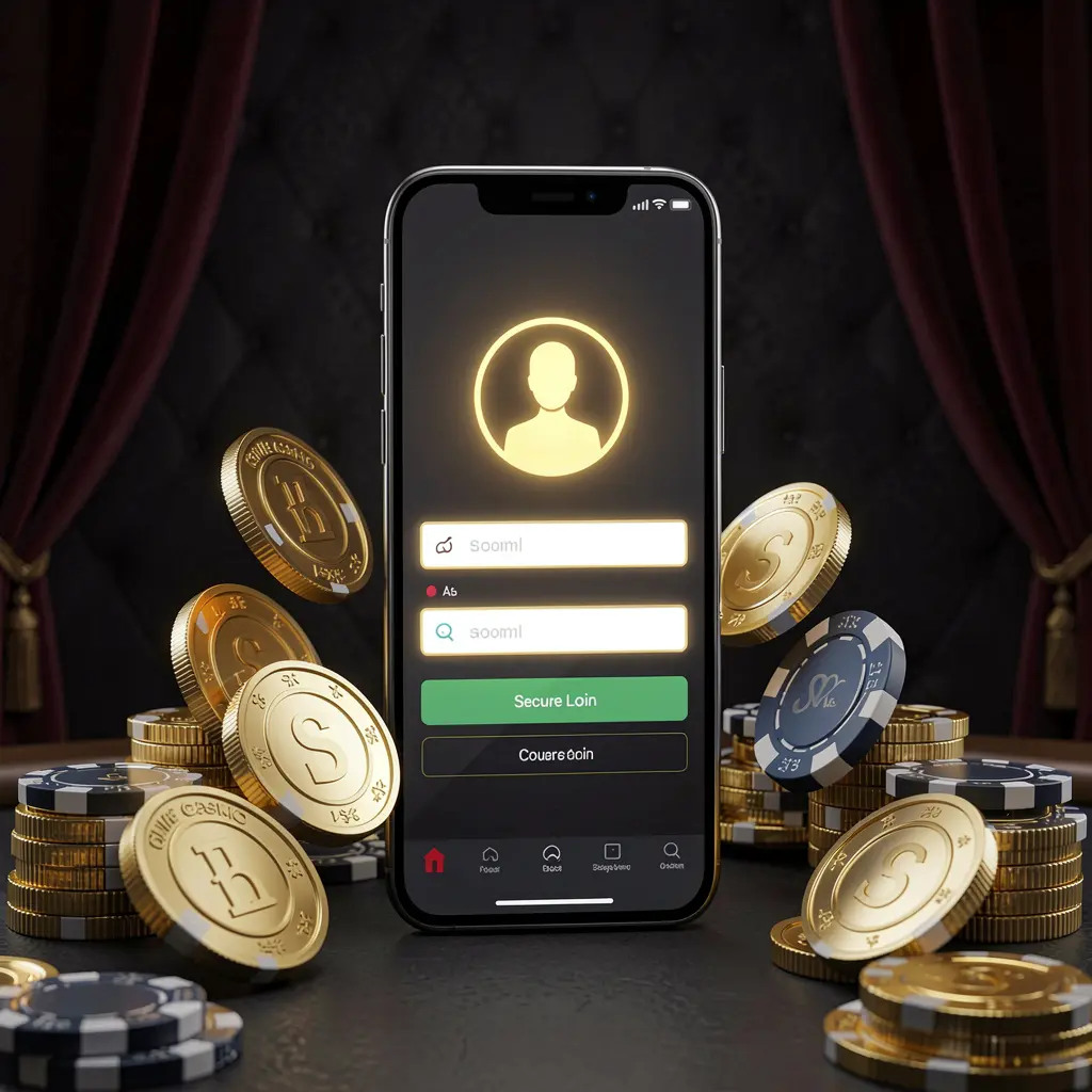 FX99 online casino login page hero banner featuring a modern smartphone with a secure login screen, glowing user profile icon, golden coins, and poker chips against a dark luxury background FX99 online casino login page hero banner featuring a modern smartphone with a secure login screen, glowing user profile icon, golden coins, and poker chips against a dark luxury background
