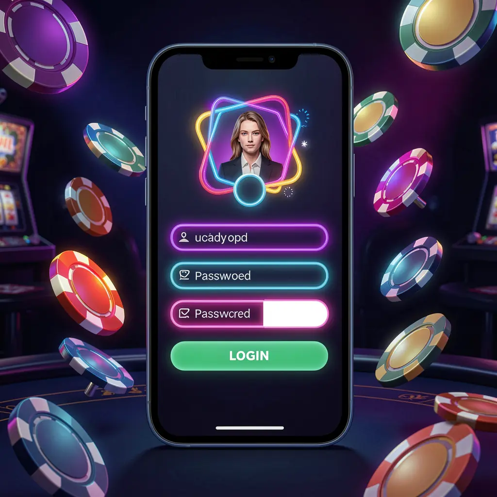 FX99 mobile casino login screen with abstract UI shapes showing user profile and password fields on a glowing neon phone, surrounded by flying chips and coins in a dark premium casino atmosphere FX99 mobile casino login screen with abstract UI shapes showing user profile and password fields on a glowing neon phone, surrounded by flying chips and coins in a dark premium casino atmosphere