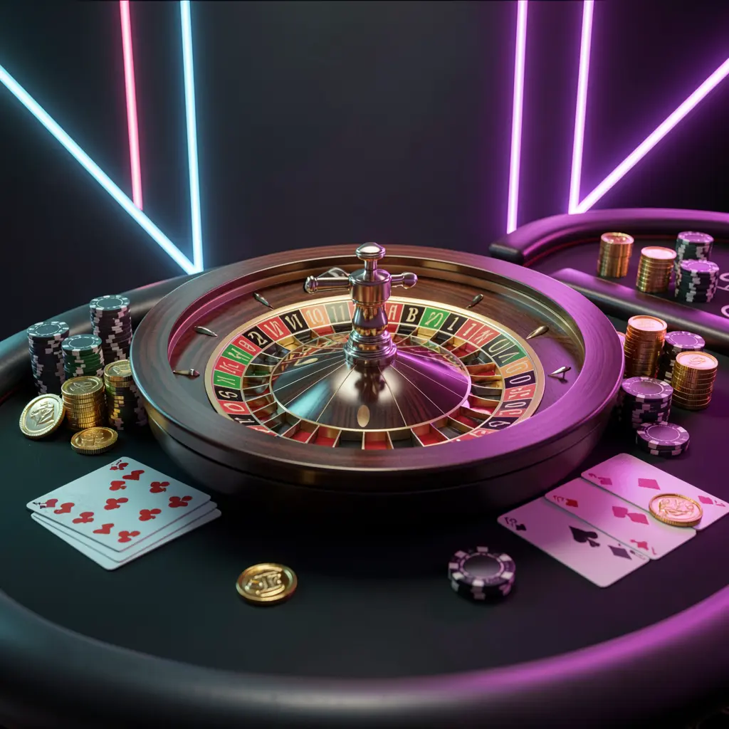FX99 online casino homepage hero banner featuring a luxury casino table with a roulette wheel, poker chips, playing cards, and golden coins on a dark premium background with neon glow in a cinematic 3D render
